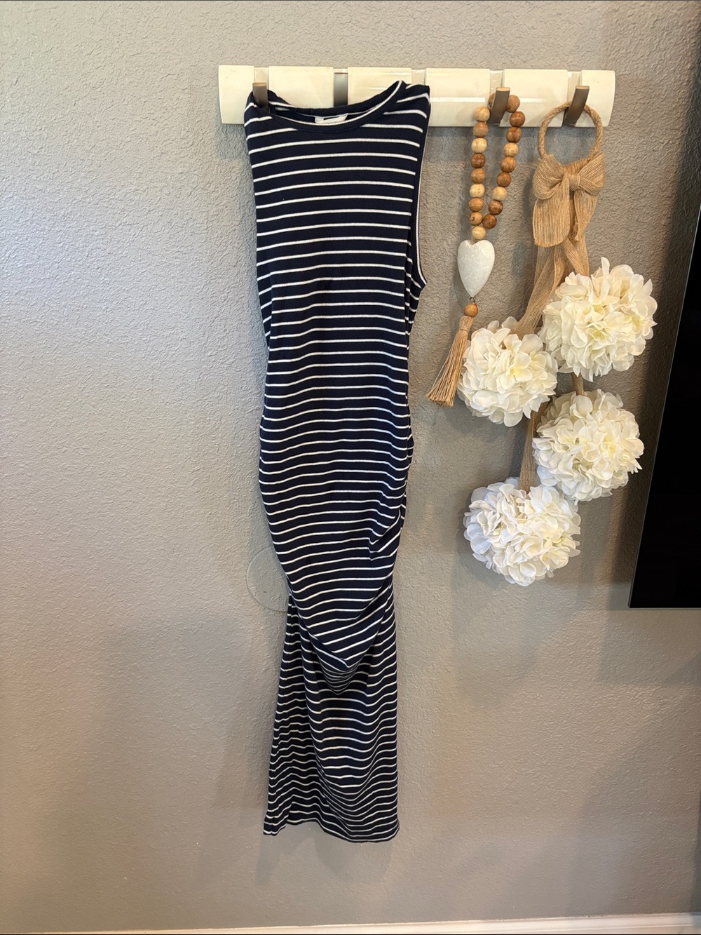 Navy and White Striped Sleeveless Midi Dress